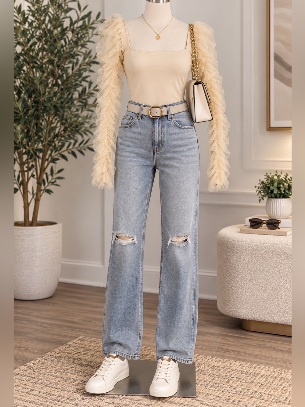Free People Cream Ruffled Asymmetrical Bodysuit